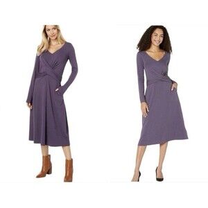 Pact Revive Wrap Front Long Sleeve Fit And Flare Dress Purple Womens Small